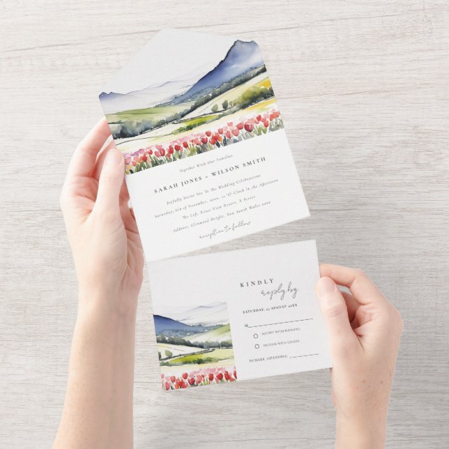 Invitation Tout En Un Moyenne Pays Printemps Floral Paysage Mariage dans (Déchirure)