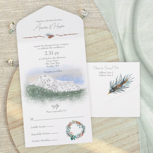 Invitation Tout En Un Mt. Rainier, Snow, Pinecones, Pine Needles (Mt. Rainier, snow mountain wedding invitation card, pine trees, pacific northwest, winter wedding)