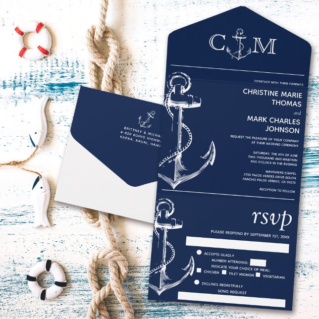 Invitation Tout En Un Nautical Ancre Mariage Chanson Demande Marine Repa (Créateur téléchargé)