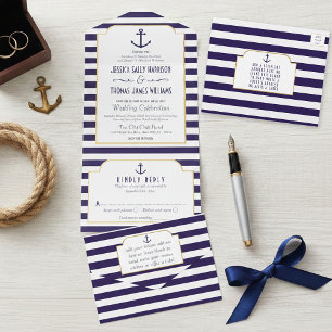 Invitation Tout En Un Nautical Navy & Ancres à rayures blanches Mariage