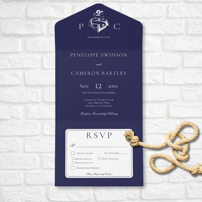 Invitation Tout En Un Nautique Bleu & Blanc Dîner Moderne (Nautical Blue & White Modern Dinner All In One Invitation)