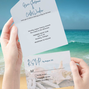 Invitation Tout En Un Nautique Blue Water Shells Beach Mariage