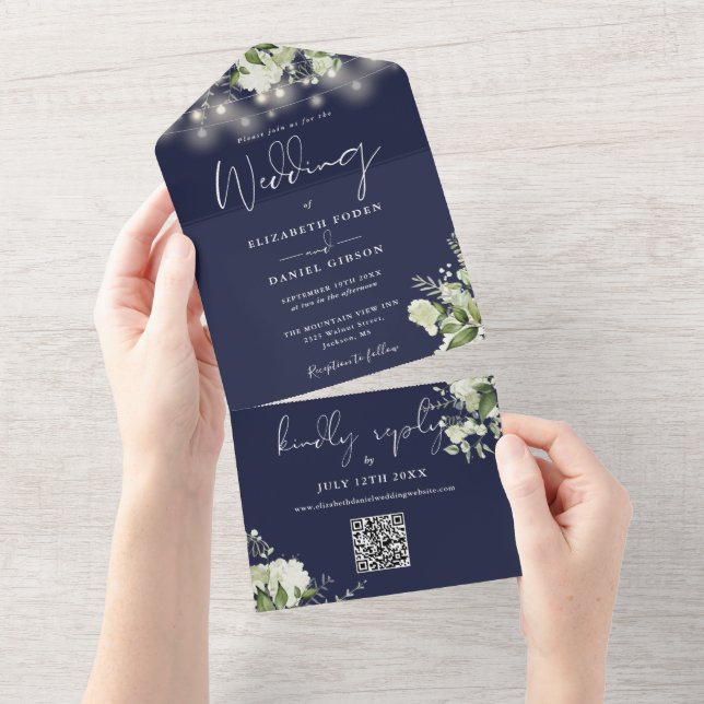 Invitation Tout En Un Navy Blue Floral String Lights QR Code Wedding (Déchirure)
