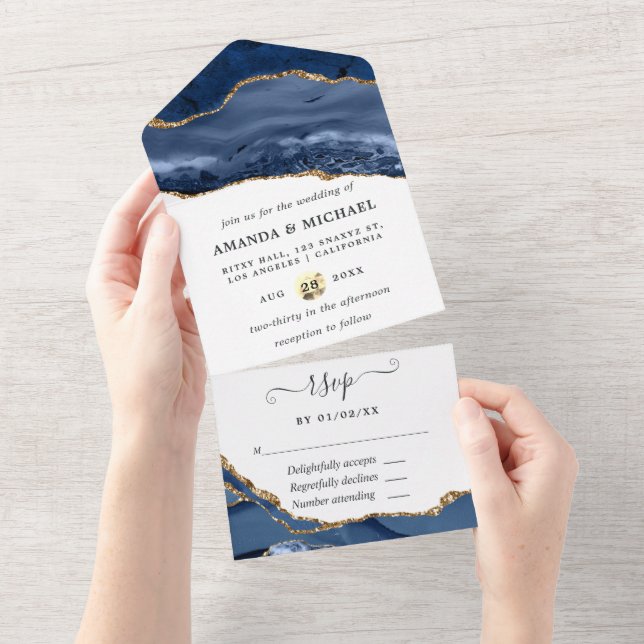Invitation Tout En Un Navy et Agate dorée (Déchirure)