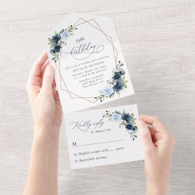 Invitation Tout En Un Navy Flowers, Blue Flowers, Greenery, Birthday (Déchirure)