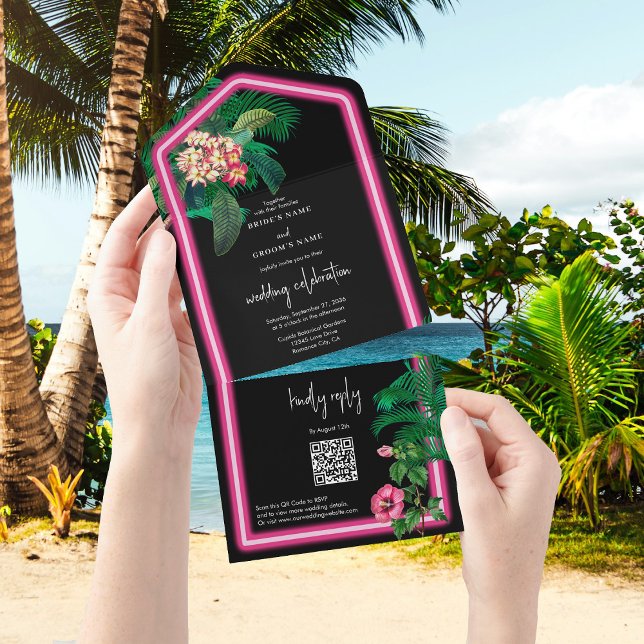 Invitation Tout En Un Neon Pink Tropical Retro Botanical Mariage (Neon Pink Tropical Retro Botanicals Wedding All In One Invitation)