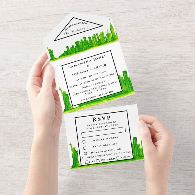 Invitation Tout En Un New York RSVP aquarelle verte Mariage moderne (Déchirure)