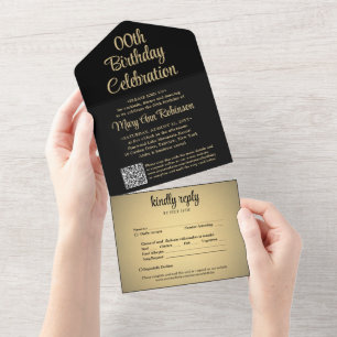 Invitation Tout En Un N'IMPORTE QUEL Anniversaire QR Code RSVP Noir et O