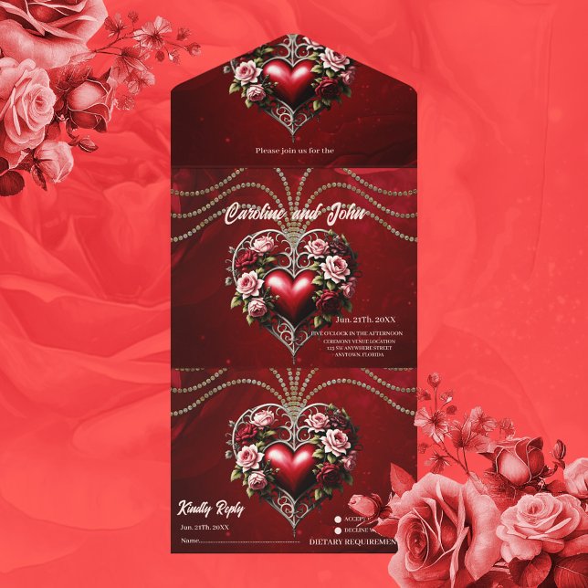 Invitation Tout En Un Noble coeur gothique avec fleurs. (Gothic heart)