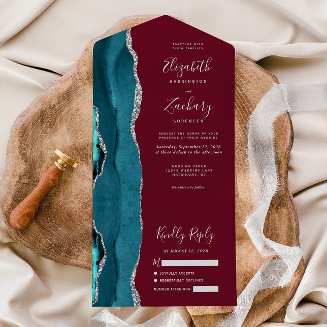 Invitation Tout En Un Noces de Burgundy Agate Argent Sarcelle (Créateur téléchargé)