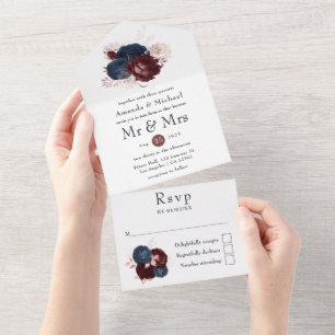 Invitation Tout En Un Noces florales en bleu marine, bordeaux et or rose