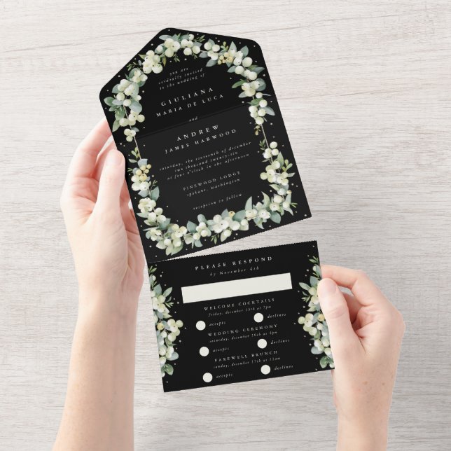 Invitation Tout En Un Noces Sureau noir + Eucalyptus (Déchirure)