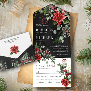 Invitation Tout En Un Noël Floral Poinsettia Rustique Mariage Noir