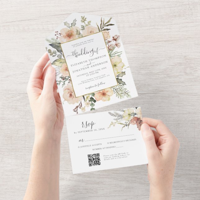 Invitation Tout En Un Noël Floral QR RSVP Gold Foil Mariage d'hiver (Déchirure)