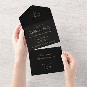 Invitation Tout En Un Noël Gui Gui Minimaliste Noir et Or