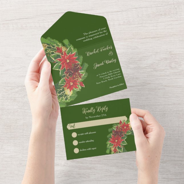 Invitation Tout En Un Noël Poinsettias Mariage Vert & Rouge (Déchirure)