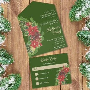 Invitation Tout En Un Noël Poinsettias Société Parti Vert