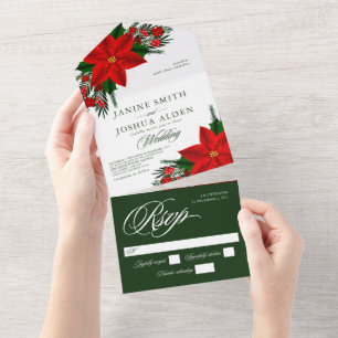 Invitation Tout En Un Noël Rouge Poinsettia Pine Mariage de verdure