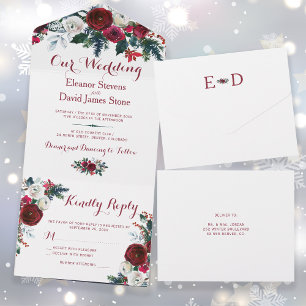 Invitation Tout En Un Noël rustique hiver rouge mariage floral RSVP