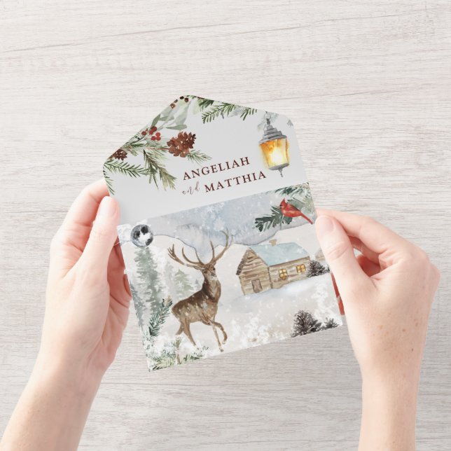 Invitation Tout En Un Noël Végétation hivernale Rouge Cardinal Mariage (Ouverture)