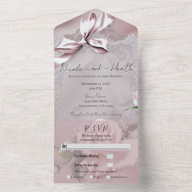 Invitation Tout En Un Nœud en Satin Rose Pâle et Rose Romantique Photo d (À l'intérieur)