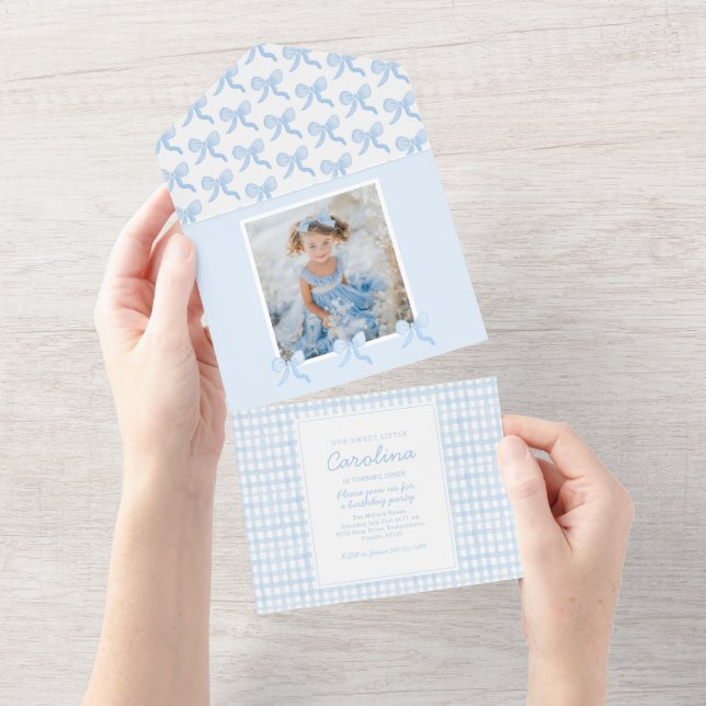 Invitation Tout En Un Nœuds aquarelle preppy Gingham Photo personnalisée (Déchirure)