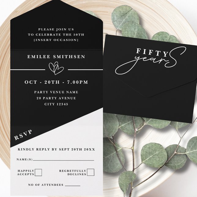 Invitation Tout En Un Noir Blanc 50e anniversaire de mariage ou annivers (Créateur téléchargé)