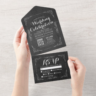 Invitation Tout En Un Noir & Blanc Botanique Floral Frame Mariage RSVP