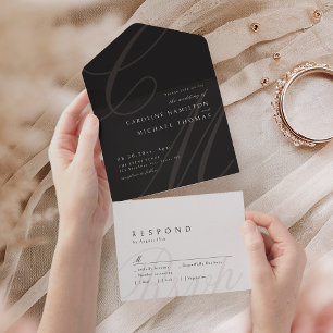 Invitation Tout En Un Noir Blanc Classic Elegance calligraphie monogramm
