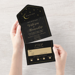Invitation Tout En Un Noir, Blanc et Or Moderne Minimaliste Céleste