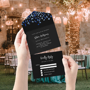 Invitation Tout En Un Noir bleu confetti anniversaire rsvp