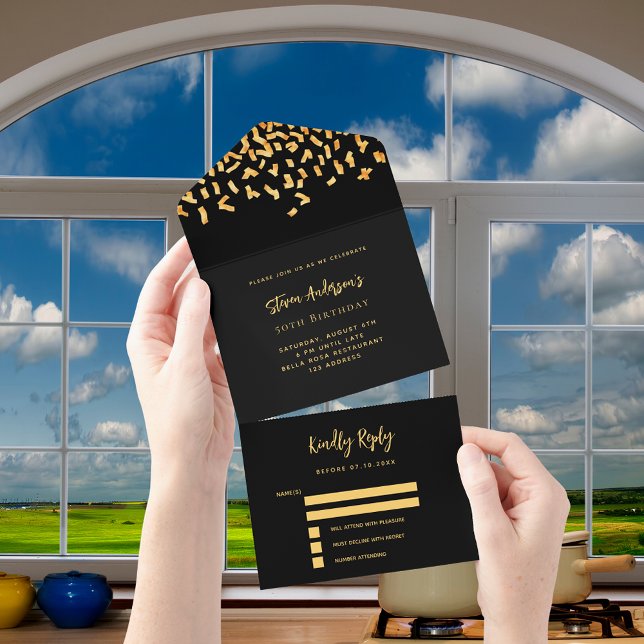 Invitation Tout En Un Noir confetti anniversaire rsvp (Créateur téléchargé)