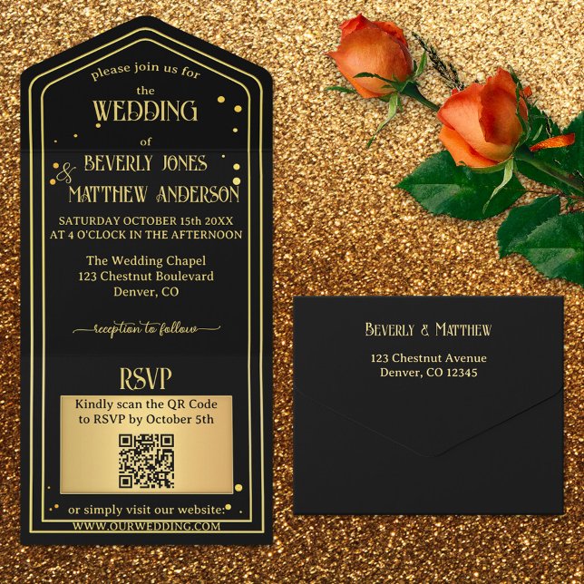 Invitation Tout En Un Noir Confetti QR Code Mariage (All in one wedding invitation featuring an elegant black and gold design with sparkling confetti.)