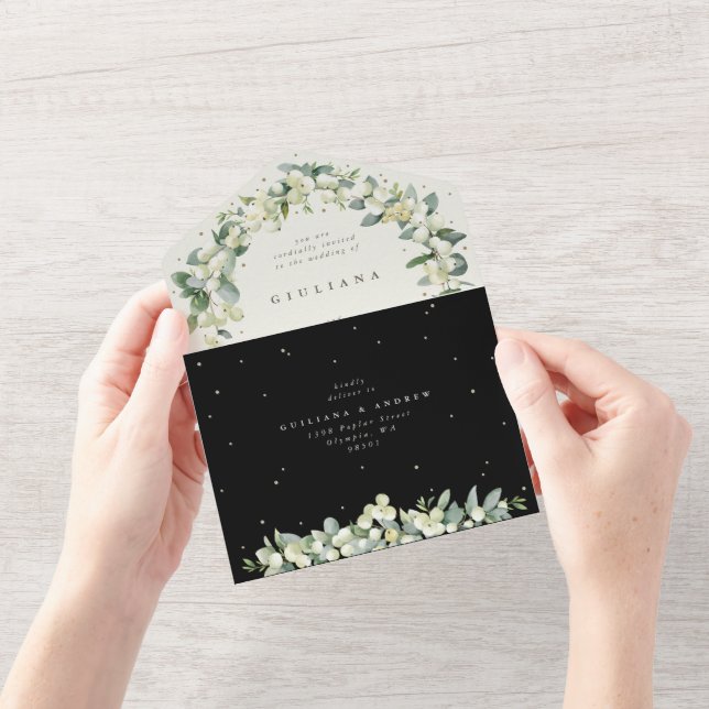 Invitation Tout En Un Noir/Crème Snowberry+Eucalyptus Mariage d'hiver (Ouverture)