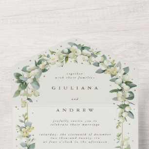 Invitation Tout En Un Noir/Crème Snowberry+Eucalyptus Mariage d'hiver