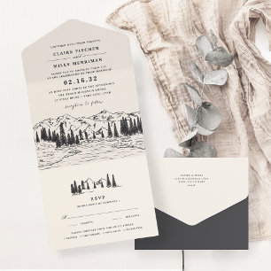 Invitation Tout En Un Noir de cendre   Mariage d'esquisse de montagne