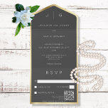 Invitation Tout En Un Noir élégant Monogramme moderne QR<br><div class="desc">DISPONIBLE AVEC OU SANS CODE QR OU AVEC OU SANS OPTIONS DE SÉLECTION DE DÎNER. Ce design est composé d'un arrière - plan au charbon de bois foncé et doux bordé d'un faux papier doré avec le monogramme de la mariée et du marié. Créé par Simply Farmhouse Press.</div>