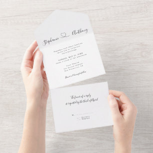 Invitation Tout En Un Noir et blanc minimaliste avec un Mariage de coeur