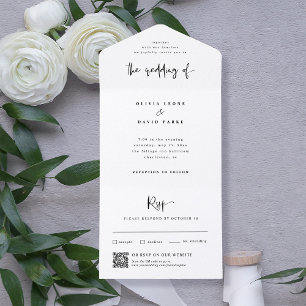Invitation Tout En Un Noir et blanc moderne   Code QR Mariage