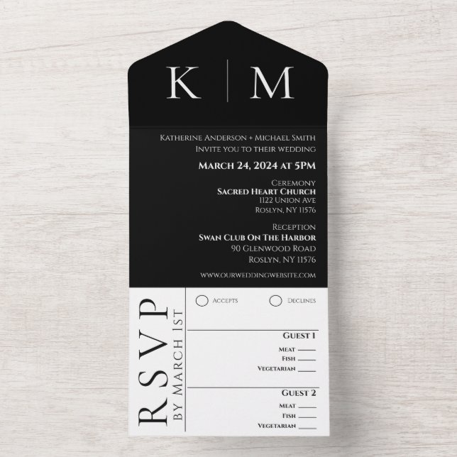 Invitation Tout En Un Noir et blanc-Monogramme-Mariage moderne- (À l'intérieur)