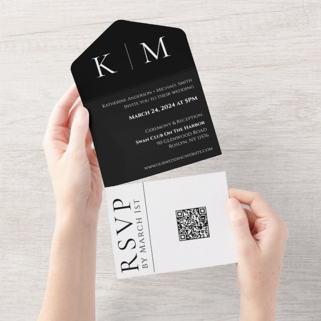 Invitation Tout En Un Noir et blanc Monogramme-Moderne-Mariage- (Déchirure)