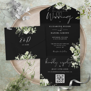 Invitation Tout En Un Noir et Blanc vert QR Code Monogramme Mariage