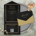 Invitation Tout En Un Noir Et Or QR Code Art Déco Monogramme Mariage<br><div class="desc">Invitation tout-en-un mariage en noir et or avec une élégante typographie et des initiales monographiques. L'invitation comprend un RSVP perforé avec votre code QR du site Web mariage et des détails. Conçu par Thisisnotme©</div>