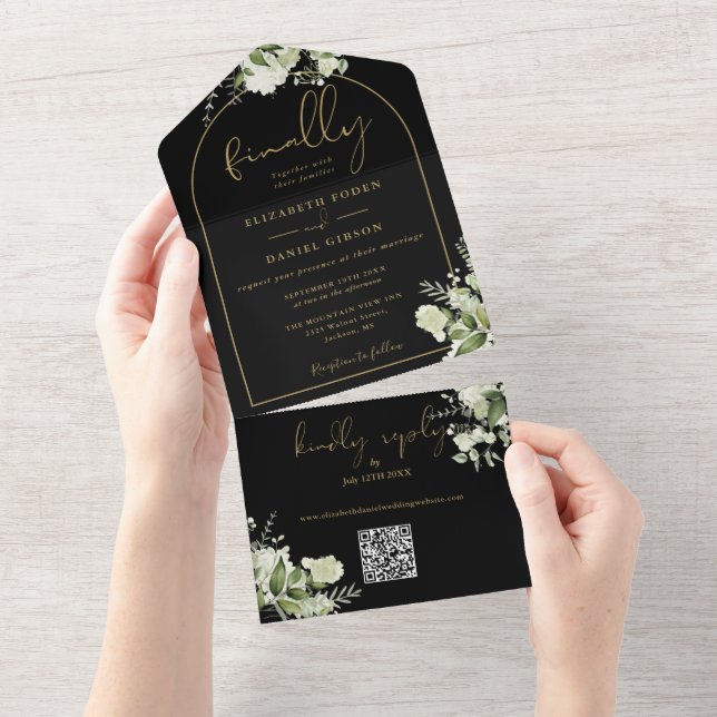 Invitation Tout En Un Noir Gold Enfin Arch Greenery QR Code Mariage (Déchirure)