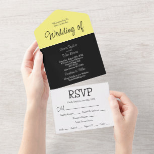 Invitation Tout En Un Noir, Jaune et Blanc minimaliste Mariage moderne