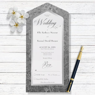 Invitation Tout En Un Noir & Marbre blanc Argent Moderne Sans Dîner