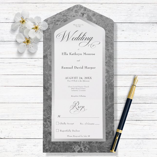 Invitation Tout En Un Noir & Marbre blanc Argent Moderne Sans Dîner (Créateur téléchargé)