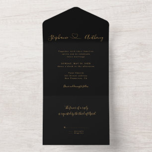 Invitation Tout En Un Noir minimaliste et or avec un Mariage de coeur