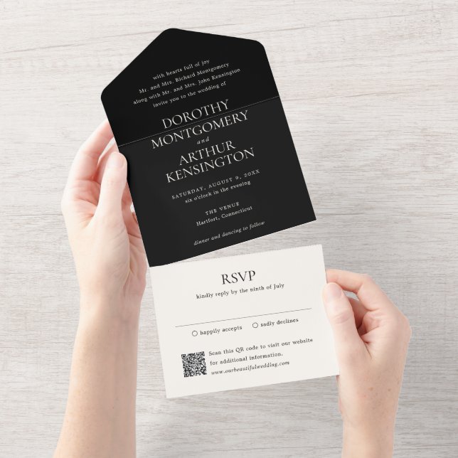 Invitation Tout En Un Noir moderne QR Code Mariage élégant (Déchirure)