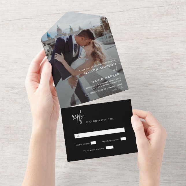 Invitation Tout En Un Noir moderne Simple Mariage Photo Pas de menu (Déchirure)